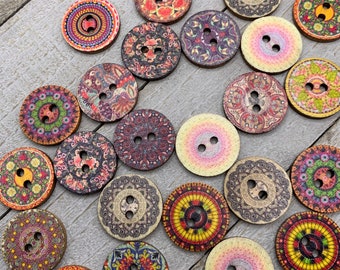 Boho Wooden Buttons 20 or 100 qty Fancy Printed 3/4" Diameter Wood Buttons Assorted Styles & Colors Sewing Crafts Scrapbook Supplies (B120)