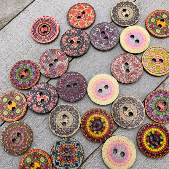 Boho Wooden Buttons 20 or 100 Qty Fancy Printed 3/4 Diameter Wood Buttons  Assorted Styles & Colors Sewing Crafts Scrapbook Supplies B120 