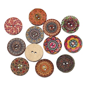 Boho Wooden Buttons 20 or 100 qty Fancy Printed 3/4 Diameter Wood Buttons Assorted Styles & Colors Sewing Crafts Scrapbook Supplies B120 image 5