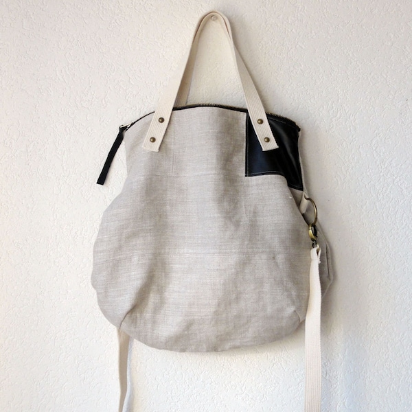 Aurelie Hobo Bag with Folded Top  and  Zipper Closure  in Upholstery European Natural Linen - Made to Order