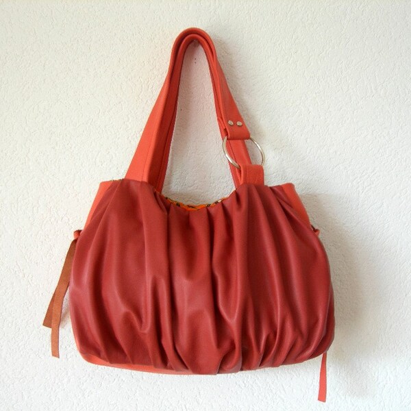 Pomegranate Pleated Leather Bag in Brick and Coral Colour