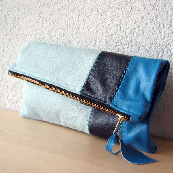 Leather Clutch in Italian Leather and Powder Blue Linen - Indie Patchwork Series