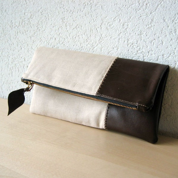 Leather Clutch in Dark Brown Italian Leather and Beige Linen - Indie Patchwork Series