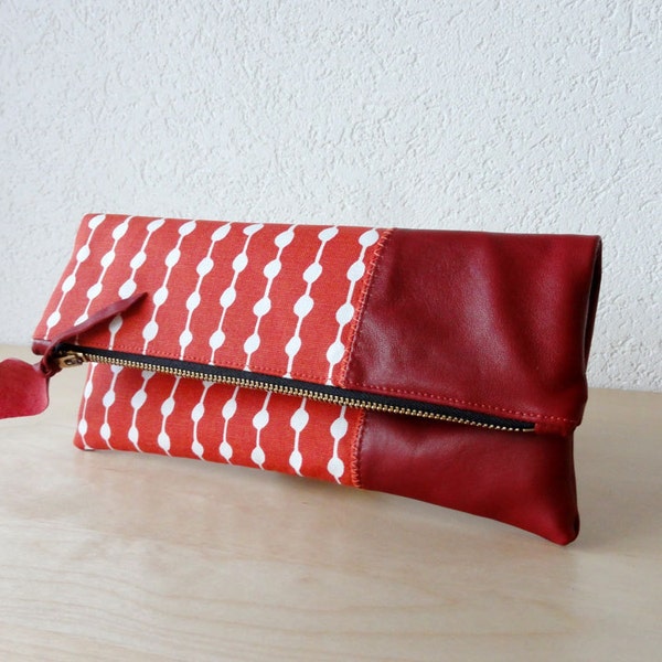 Leather Clutch in Red Italian Leather and European  Canvas - Indie Patchwork Series