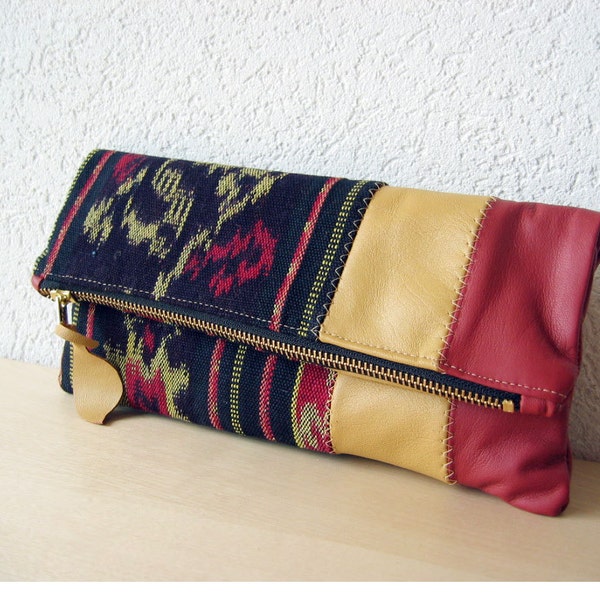 Leather Clutch in Italian Leather and Handwoven Ikat Fabric - Indie Patchwork Series