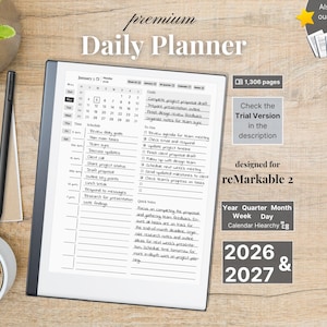 Premium Daily Planner for reMarkable 2 — 2026, 2027, calendar and notebook, Full Year Quarter Month Week Day, Sunday-Monday,Left-Right