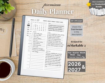 Premium Daily Planner for reMarkable 2 — 2026, 2027, calendar and notebook, Full Year Quarter Month Week Day, Sunday-Monday,Left-Right