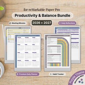 Bundle für reMarkable Paper Pro, 2026, 2027, Fruitity & Balance Bundle, Lila, Tagesplaner, Meetings, Gewohnheiten, Reflections, datiert