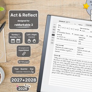 Act & Reflect for reMarkable 2, 2026, 2027, 2028, Daily Planner and Reflection, Notebook, Sunday-Monday, Left-Right, Hyperlinked