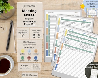Notatki ze spotkań dla reMarkable Paper Pro, 180 spotkań, hiperłącza, dla lewo- i praworęcznych, biznes, notatnik ze spotkań, planista spotkań, prezent bonusowy
