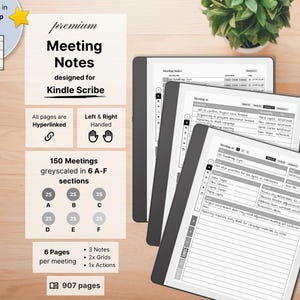 Meeting Notes for Kindle Scribe, 150 Meetings, 6 pages per Meeting, Hyperlinked, Left-Right Handed, Business, Meeting Notebook and Planner