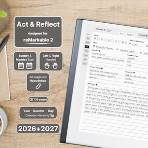 Act & Reflect for reMarkable 2, 2026, 2027, Daily Planner and Reflection, Notebook, Sunday-Monday, Left-Right, Hyperlinked