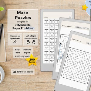 Könnte beinhalten: Ein digitales Labyrinth-Puzzle-Set für reMarkable Paper Pro Move Tablets mit 200 Spielen auf 406 Seiten. Das Set enthält verlinkte Seiten, Layouts für Links- und Rechtshänder sowie vier Schwierigkeitsgrade von einfach bis expertenhaft.