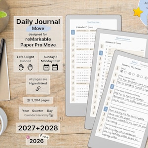 Daily Journal for reMarkable Paper Pro Move, 2026, 2027, 2028, Gratitude, Reflection, Mindfulness, Notebook, Sunday-Monday Start, Left-Right
