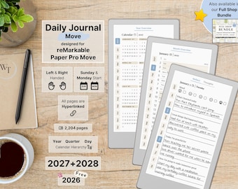 Daily Journal for reMarkable Paper Pro Move, 2026, 2027, 2028, Gratitude, Reflection, Mindfulness, Notebook, Sunday-Monday Start, Left-Right
