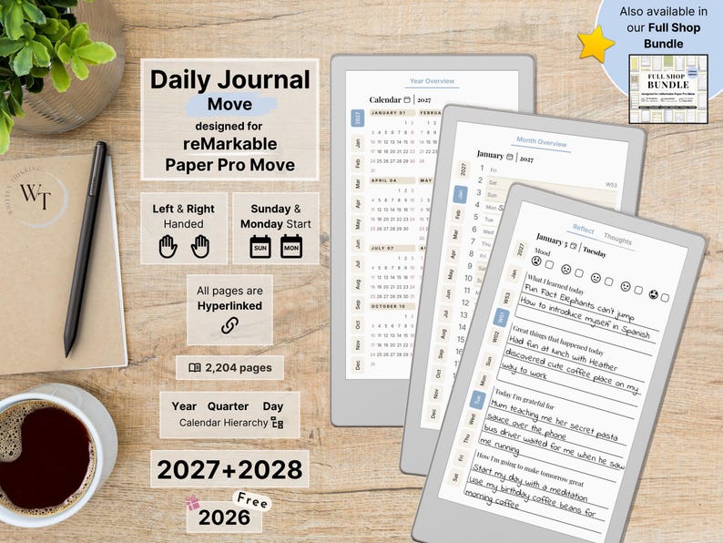 Daily Journal for reMarkable Paper Pro Move, 2026, 2027, 2028, Gratitude, Reflection, Mindfulness, Notebook, Sunday-Monday Start, Left-Right image 1