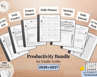 Templates for Kindle Scribe, 2026, 2027, Daily Planner, Journal, Meeting Notes, Project, Notebook, To-Do, Task Tracker, Productivity Bundle