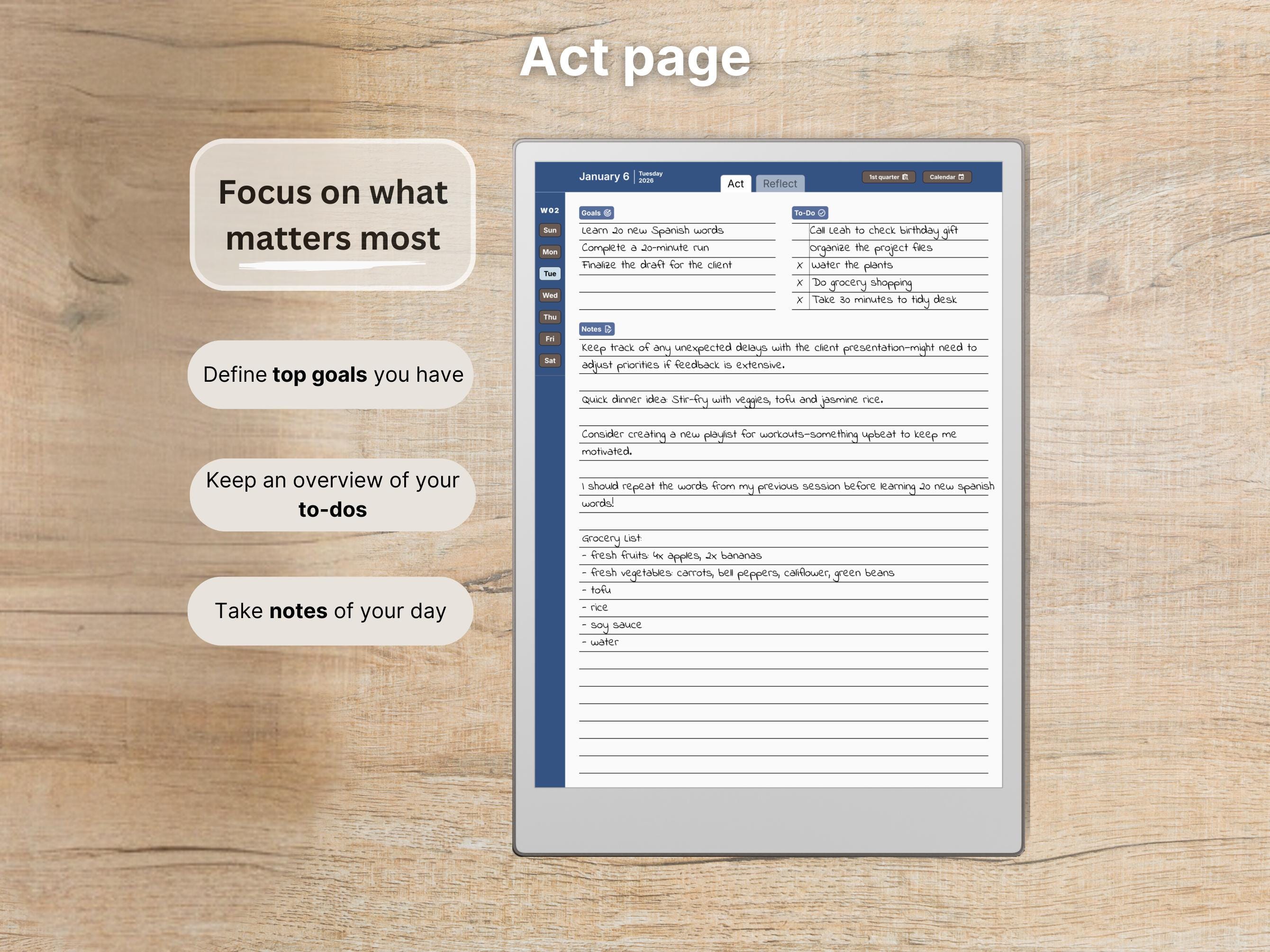 Act & Reflect for Remarkable Paper Pro, 2026, 2027, Blue, Daily Planner ...
