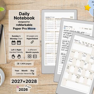 Daily Notebook for reMarkable Paper Pro Move, 2026, 2027, 2028, dated Daily Notes, 5 lined pages per day, hyperlinked, Sunday-Monday Start