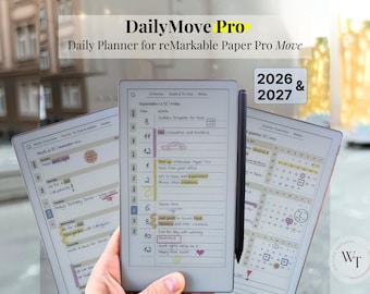 reMarkable Paper Pro Move、2026、2027、DailyMove Pro 用デイリープランナー、年、四半期、月、週、日、日曜-月曜、左-右