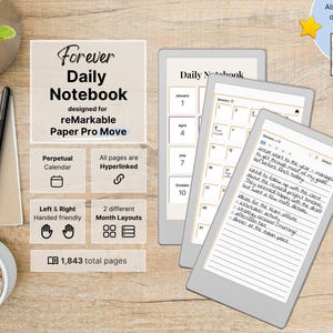 Puede incluir: Un cuaderno diario digital para reMarkable Paper Pro con calendario perpetuo, páginas con hipervínculos y 1.843 páginas en total. La pantalla muestra notas manuscritas y diseños mensuales. Incluye un lápiz óptico, una taza y un bloc.