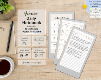 Daily Notebook for reMarkable Paper Pro Move, perpetual calendar and daily notes, 5 lined pages per day, hyperlinked, multicolor, undated