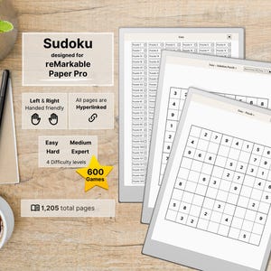 Sudoku for reMarkable Paper Pro, 600 hyperlinked Puzzles, Easy - Medium - Hard - Expert Level and Solutions, Bundle, Mindgames