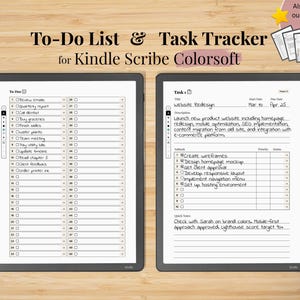 以下が含まれることがあります： Kindle Scribe Colorsoft用のTo-Doリストとタスクトラッカーを表示する2台のデジタルタブレット。左側の画面にはチェックボックス付きの番号付きリストが表示され、右側の画面にはサブタスクを含む詳細なタスク入力フォームが表示されています。
