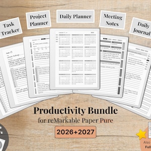 May include: A digital productivity bundle for reMarkable Paper Pure featuring multiple planner templates including a To-Do List, Task Tracker, Project Planner, Daily Planner, Meeting Notes, Daily Journal, and 6x Note book, with 2026 and 2027 calendars.