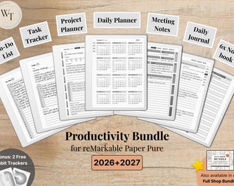 Templates for reMarkable Paper Pure, 2026 2027, Daily Planner, Journal, Meeting, Project, Notebook, To-Do, Task Tracker, Productivity Bundle