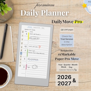 Premium Daily Planner for reMarkable Paper Pro Move, 2026, 2027, DailyMove Pro, Year Quarter Month Week Day, Sunday-Monday, Left-Right image 1
