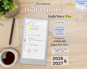 Premium Daily Planner for reMarkable Paper Pro Move, 2026, 2027, DailyMove Pro, Year Quarter Month Week Day, Sunday-Monday, Left-Right