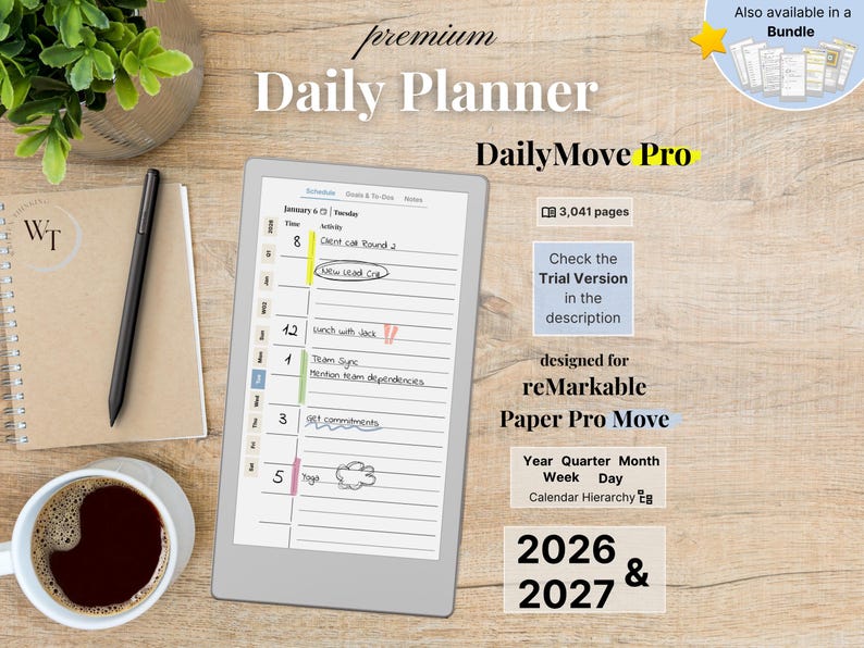 Premium Daily Planner for reMarkable Paper Pro Move, 2026, 2027, DailyMove Pro, Year Quarter Month Week Day, Sunday-Monday, Left-Right image 1