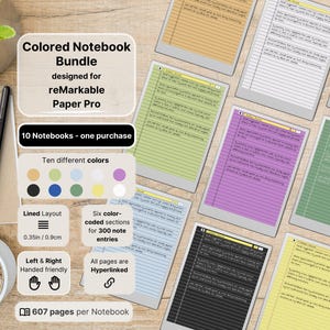 Set of 10 colored Notebooks for reMarkable Paper Pro | 607 pages per Notebook | lined with margin | Hyperlinked
