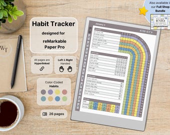 Habit Tracker for reMarkable Paper Pro, color coded, Daily weekly monthly habits, 12 month overviews, Hyperlinked, Left-Right Handed