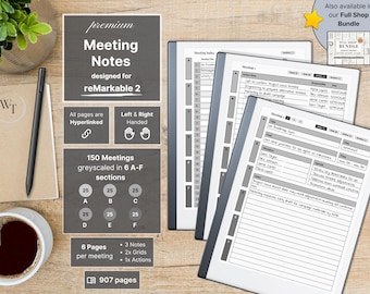 Meeting Notes for reMarkable 2, 150 Meetings, 6 pages/meeting, Hyperlinked, Left-Right Handed, Business, Meeting Notebook, Meeting Planner