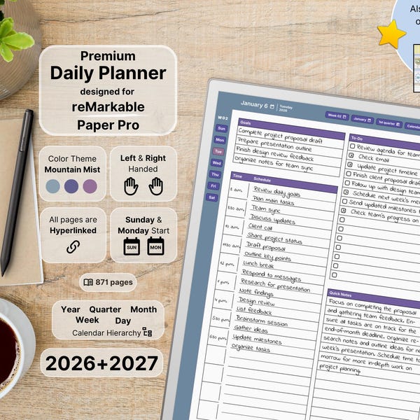 Premium Daily Planner for reMarkable Paper Pro, 2026, 2027, Purple,Full Calendar Year Quarter Month Week Day, Sunday-Monday,Left-Right