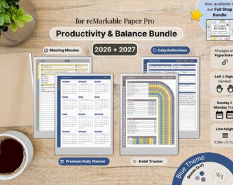 Bundle for reMarkable Paper Pro, 2026, 2027, Productivity & Balance Bundle, Blue, Daily Planner, Meetings, Habits, Reflections, dated