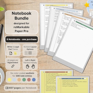 Set of 6 Notebooks for reMarkable Paper Pro, Yellow & White, 607 pages per Notebook, lined with margin, dotted, squared, Hyperlinked