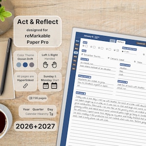 Act & Reflect voor reMarkable Paper Pro, 2026, 2027, blauw, dagplanner en reflectie, notitieboek, zondag-maandag, links-rechts, hyperlinks