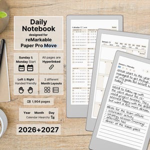 Daily Notebook for reMarkable Paper Pro Move, 2026, 2027, dated Daily Notes, 5 lined pages per day, hyperlinked, Sunday-Monday Start