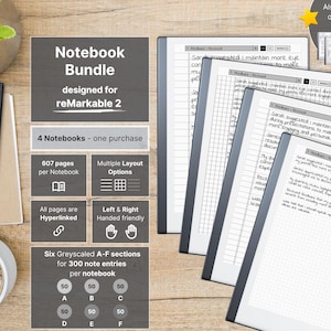 Set of 4 Notebooks for reMarkable 2, 607 pages per Notebook, lined and wide lined with margin, dotted, squared, hyperlinked