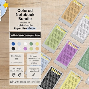 Notebooks for reMarkable Paper Pro Move, Set of 10 colored Notebooks, 1207 pages per Notebook, lined with margin, hyperlinked, Notepad
