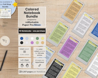 Notebooks for reMarkable Paper Pro Move, Set of 10 colored Notebooks, 1207 pages per Notebook, lined with margin, hyperlinked, Notepad