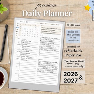Premium-Tagesplaner für reMarkable Paper Pro – Minimalistisch, 2026, 2027, Jahr, Quartal, Monat, Woche, Tag, Sonntag–Montag, Linkshänder–Rechtshänder