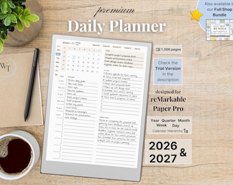 Premium Daily Planner for reMarkable Paper Pro — Minimalist, 2026, 2027, Year Quarter Month Week Day, Sunday-Monday, Left-Right-Handed