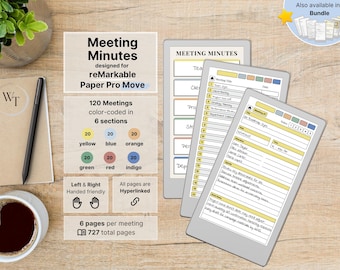 Meeting Minutes Move for reMarkable Paper Pro Move, 120 Meetings with 6 pages, multicolor, hyperlinked, Meeting Notebook, Meeting Notes