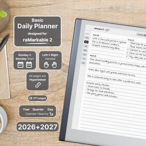 Basic Daily Planner for reMarkable 2, 2026, 2027, Daily Calendar and Notebook, Hyperlinked, Sunday-Monday Start, Left-Right Handed