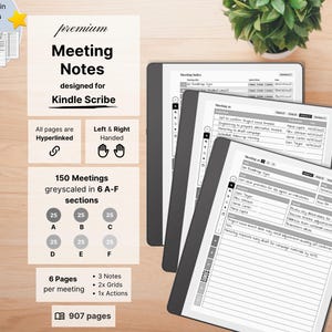 Könnte beinhalten: Ein digitaler Planer für Kindle Scribe mit "Meeting Notes" zum Notieren. Der Planer enthält 150 Meetings, Hyperlinks und ist grau skaliert. Das Bild zeigt den Planer mit einem Stift, einer Tasse Kaffee und einer kleinen Pflanze.