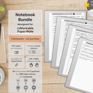 May include: A digital notebook bundle for reMarkable Paper Pure featuring four tablets displaying handwritten notes, grid layouts, and hyperlinked pages. Text includes Notebook Bundle, 607 pages per Notebook, Multiple Layout Options, and Six Greyscaled A-F sections for 300 note entries per notebook.
